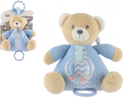 Plišasti medvedek z navijalnim glasbenim mehanizmom in ropotuljico, moder 18 × 18 cm
