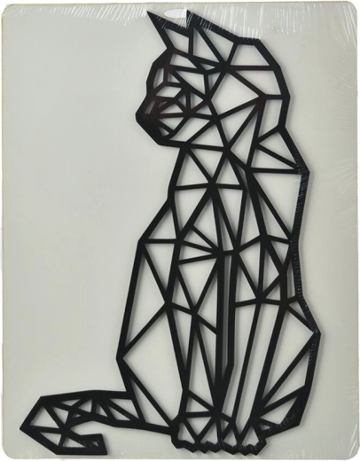 Stenska dekoracija Mačka – geometrijska silhueta, črna, les 24 × 36 cm