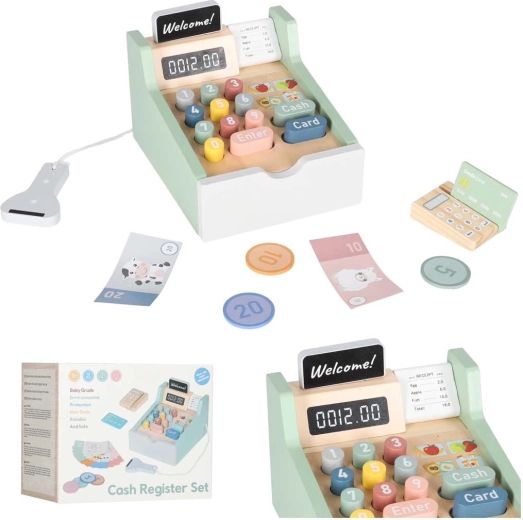 Wooden kids’ cash register with terminal and scanner