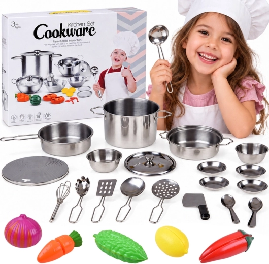 Children's Metal Kitchen Set with Cookware and Cutting Vegetables