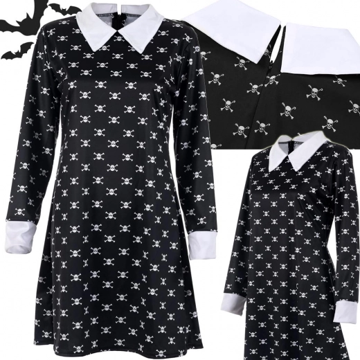Otroški kostum Wednesday Addams – črna obleka z lobanjami in belim ovratnikom (115–125 cm)