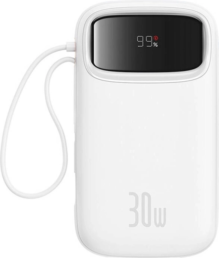 Powerbanka Baseus QPow 2 20000 mAh 30 W z integriranim kablom USB‑C, 2× USB‑C, bela
