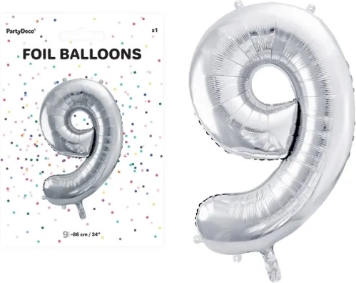 Srebrn folijski balonček številka 9, 86 cm