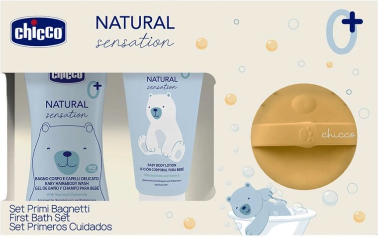 Darilni kozmetični set Chicco Natural Sensation s silikonsko gobico za umivanje