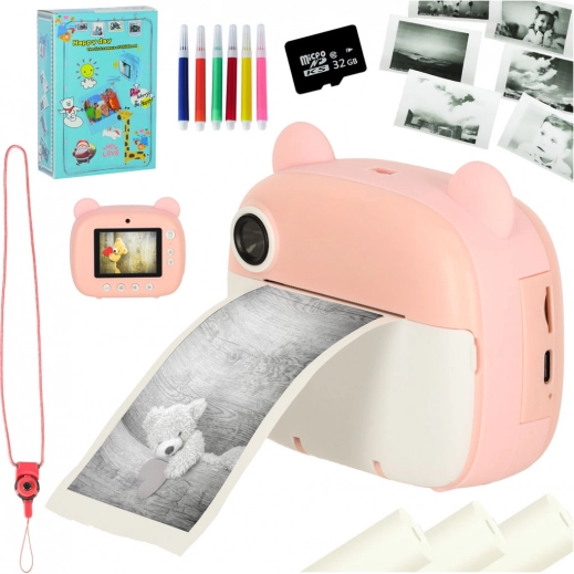 Otroški instant fotoaparat s termičnim tiskalnikom – rožnati medvedek, 32 GB kartica