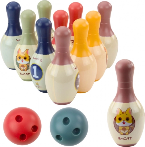 Otroški bowling set z muckami – 10 kegljev in 2 barvni krogli