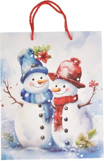 Darilna papirnata vrečka z zimskim motivom snežaka 26 × 10 × 32 cm