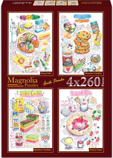 Magnolia puzzle – šarkelj, piškoti z pošastmi, mavrični piškoti in panna cotta 4×260 koščkov