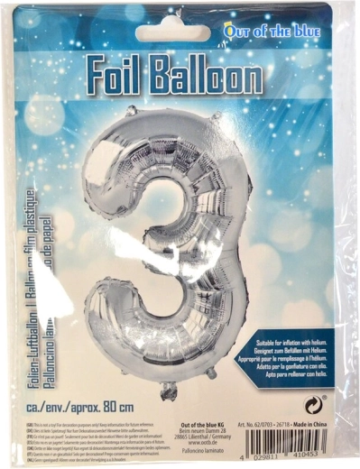 Folijski balon številka 3, srebrn, 80 cm
