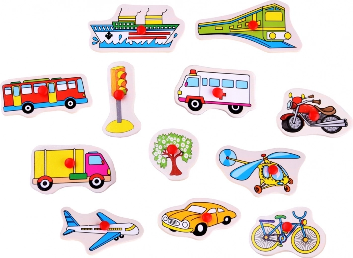 12 peg-in pieces with a transport theme