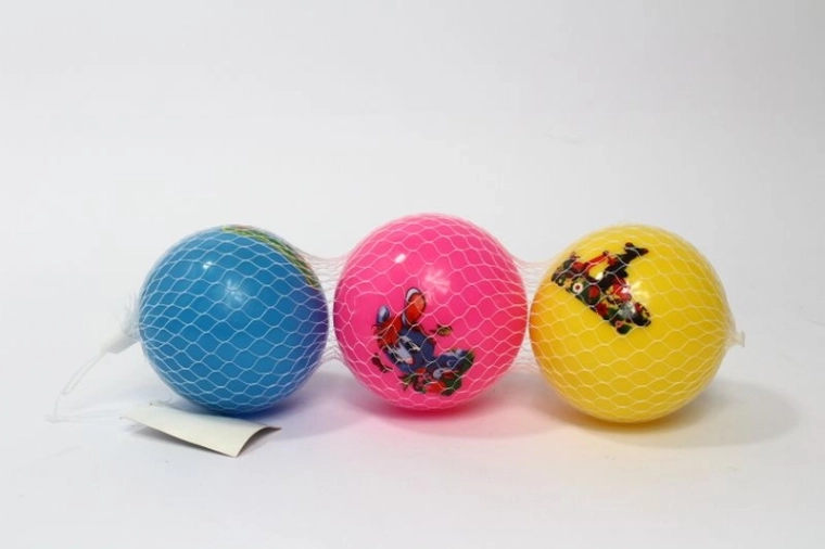 Set of three colorful balls in a mesh bag