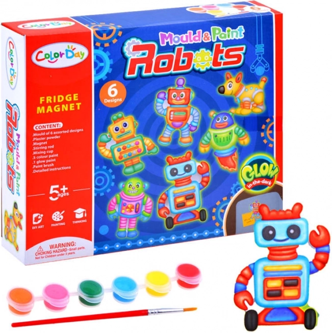 Kreativni komplet Magneti Roboti z mavcem in barvami