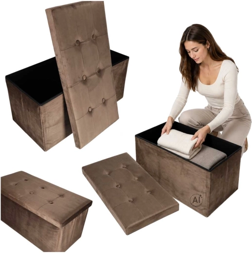 Zložljiv velurast tabure s shranjevalnim prostorom 77 × 38 × 37 cm, rjav
