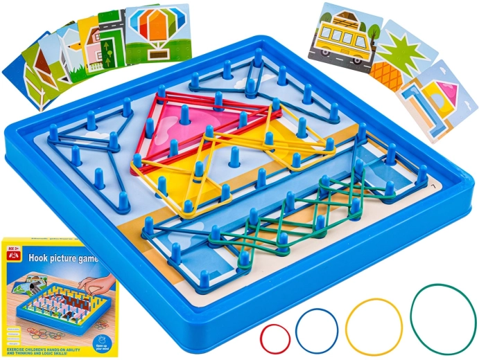 Educational skill game with colorful rubber bands and cards