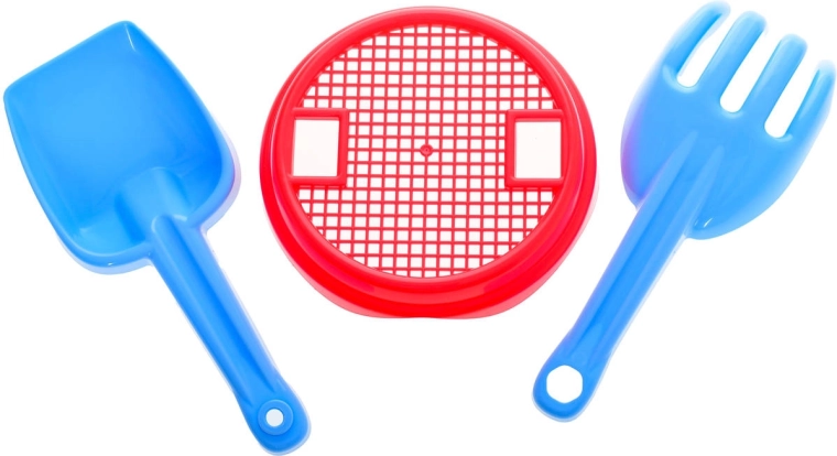 Sieve, shovel and rake for little builders