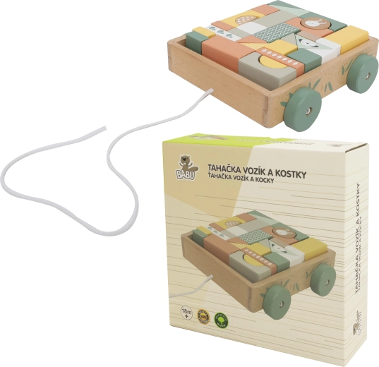 Babu vlečni voziček z lesenimi kockami
