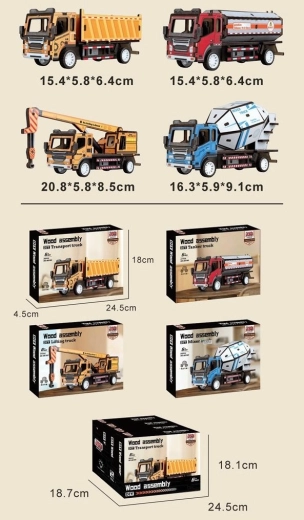 Wooden construction vehicle building kit with pull-back mechanism - 1 piece