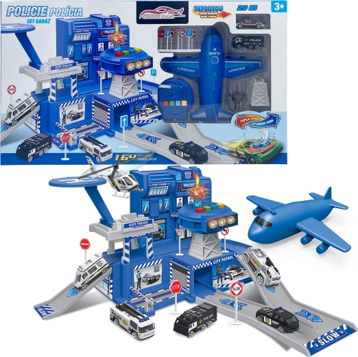 Policijska garaža s kompletom in avtom, ki menja barvo