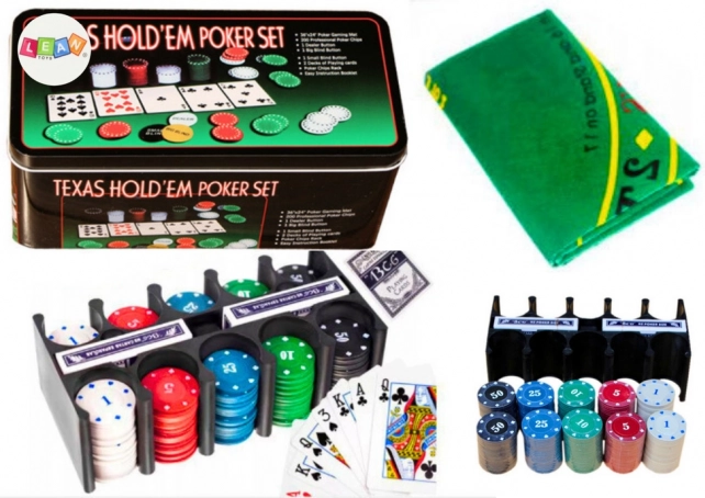 Poker set z 2 kompleti kart, žetoni in igralno podlogo