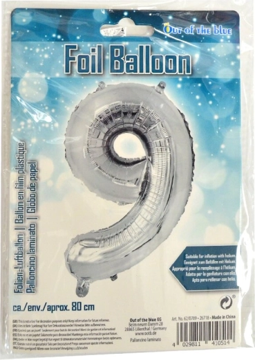 Folijski balon številka 9 srebrn 80 cm
