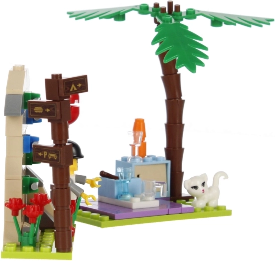 Camping scene with palm tree and kiosk