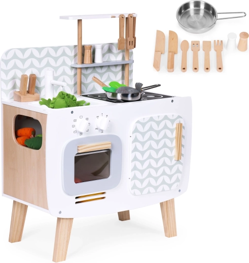 Lesena otroška retro kuhinjica s pečico, gorilniki in pomivalnim koritom ECOTOYS