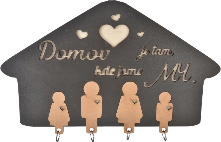 Stenski obešalnik za ključe iz lesa z napisom Dom je tam …