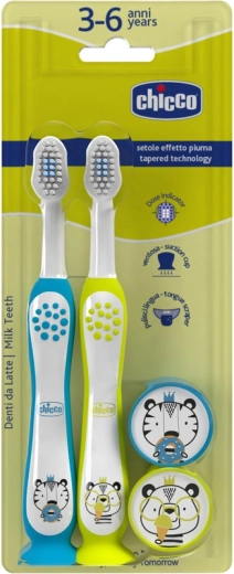 Chicco set otroških zobnih ščetk tiger in panda 3–6 let 2 kosa