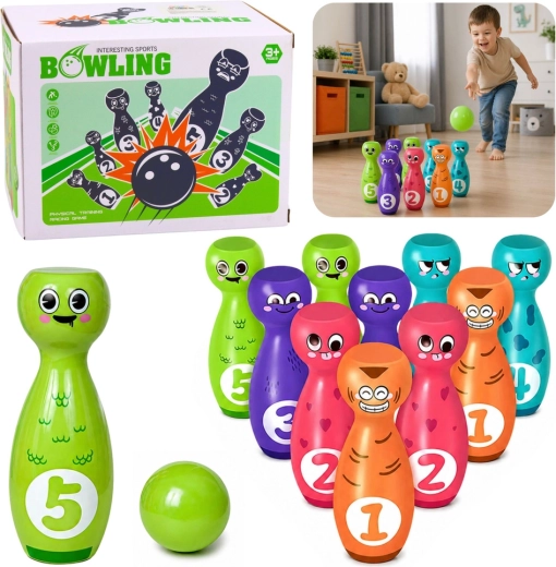 Otroški keglji z obrazki – izobraževalni set 10 kegljev in 2 žogi