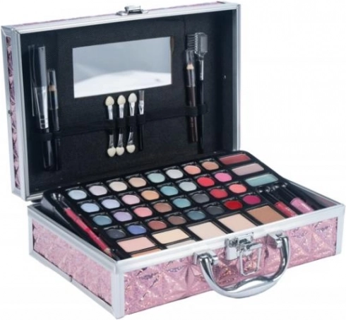 Rožnati kozmetični kovček srednje velikosti s kompletno make-up opremo