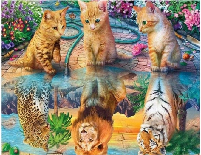 Diamantno vezenje (diamond painting) zrcalni odsev – leopard, lev in tiger 40 × 30 cm