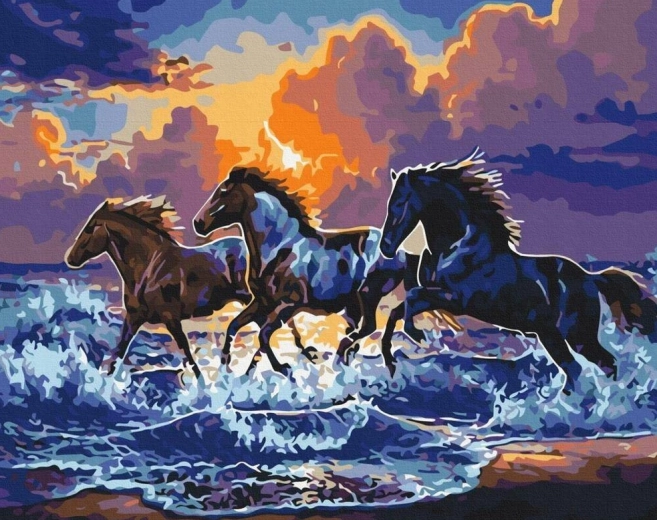 Diamantno slikanje – divji konji na plaži 30 × 40 cm
