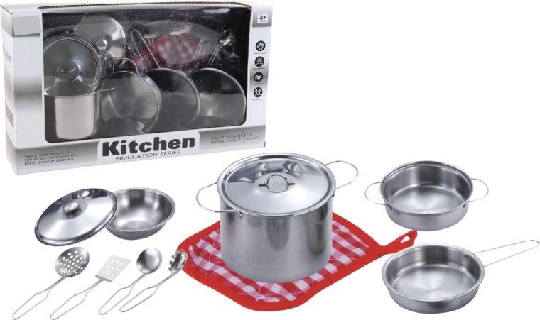 Kovinski komplet otroške posode s pripomočki, 11 kosov