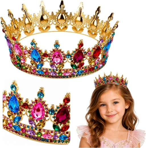 Zlata kovinska kronica za princesko z barvnimi kristali (12,5 cm)