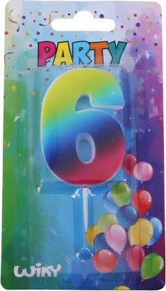 Zabavna svečka številka 6 mavrična s stojalom