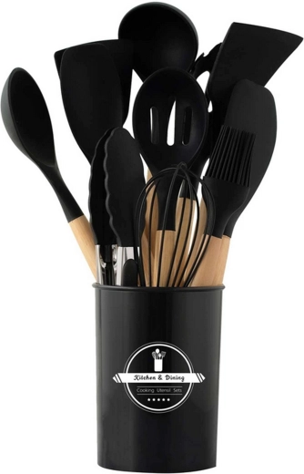 Set kuhinjskih silikonskih pripomočkov z lesenimi ročaji, 12 kosov