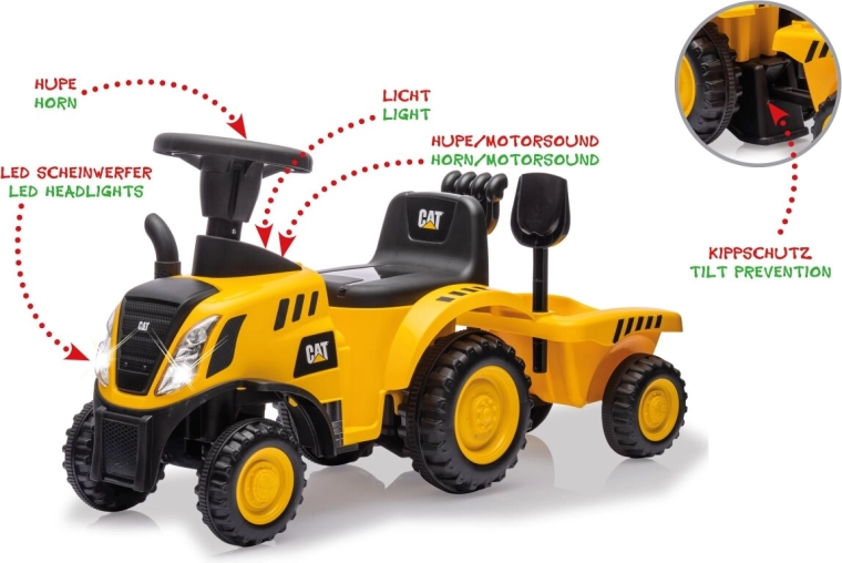 Otroški poganjalec CAT traktor s prikolico 2 v 1, rumen