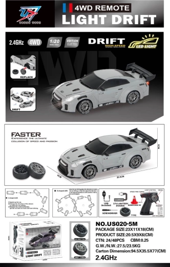 R/C drift avto 1:20 z lučmi sivo – 1 kos