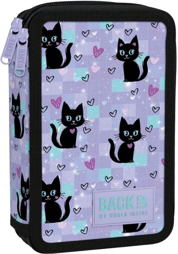 Two-compartment school pencil case with supplies BackUP black cats