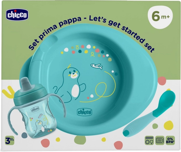 Chicco začetni komplet za hranjenje – krožnik, vadbeni lonček in žlička, moder 6m+