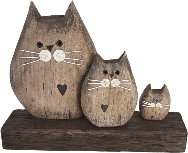 Cat Decoration made of Paulownia Wood, Set of 3, Beige, 20 × 5 × 15 cm