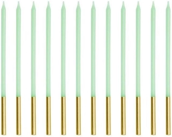 Smooth light green birthday candles with gold holder 14 cm (12 pcs)