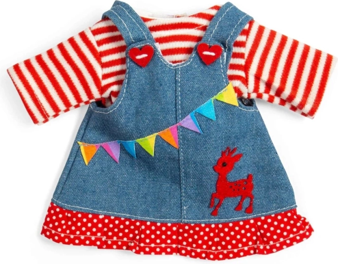 Bigjigs Toys jeans oblekica z naramnicami in črtasto majico za punčko 28 cm