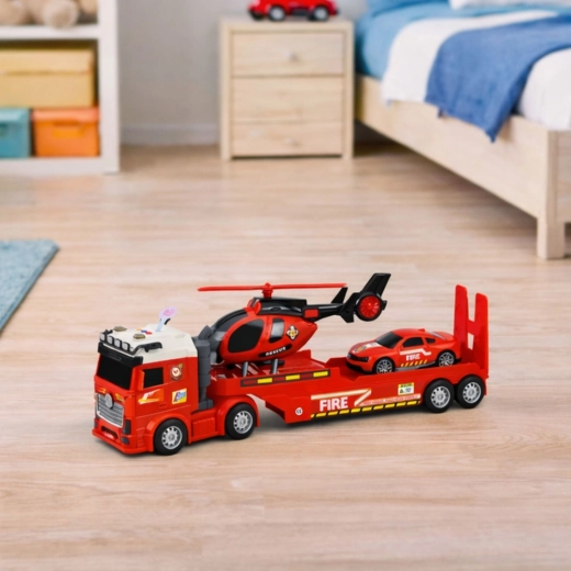 Kamion s ploščadnim priklopnikom in zložljivo rampo