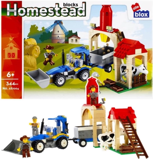 Farm building set with cow and tractor with trailer, 344 pieces