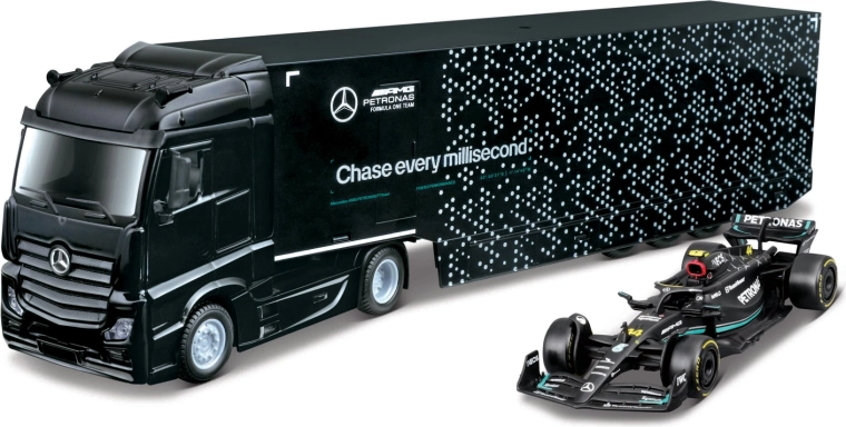 Bburago vlačilec s prikolico za prevoz F1 in model Mercedes-AMG Petronas W15 (2024) George Russell 1:43