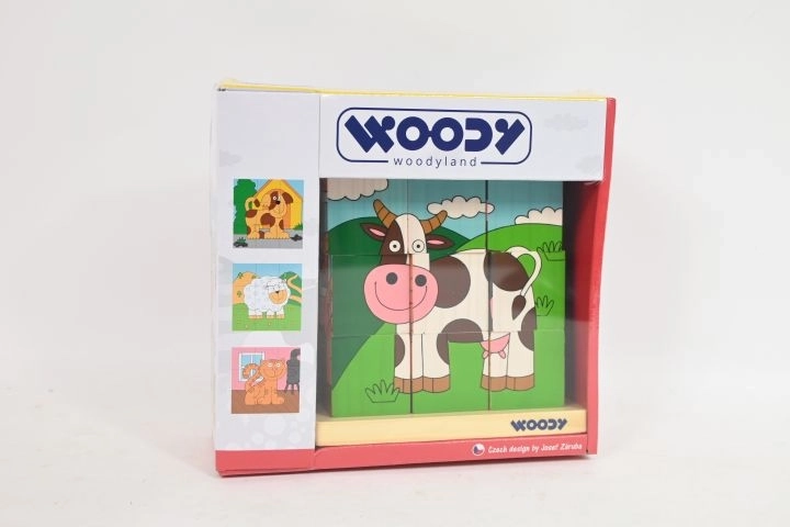 WOODY Lesena sestavljiva kocka z živalicami, 9 kock