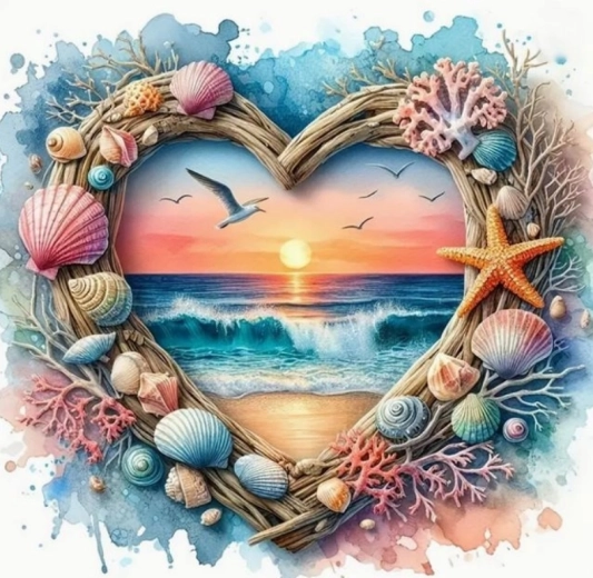 Diamantno slikanje srce z razgledom na plažo 30 × 40 cm