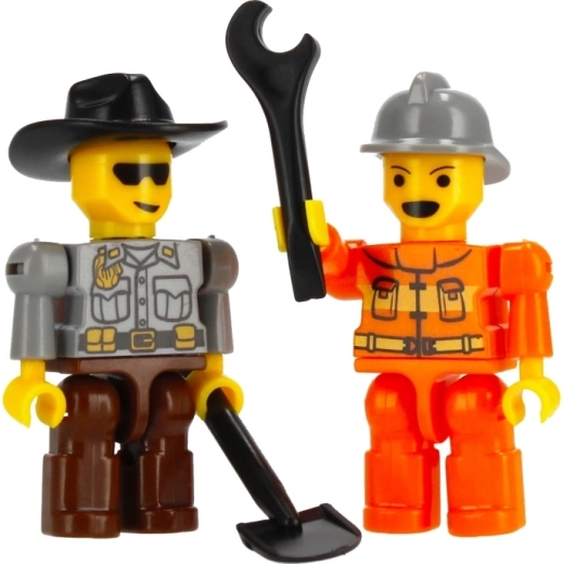Two minifigures and tools for construction stories