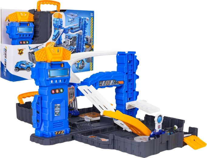 Foldable police parking garage in a suitcase with accessories